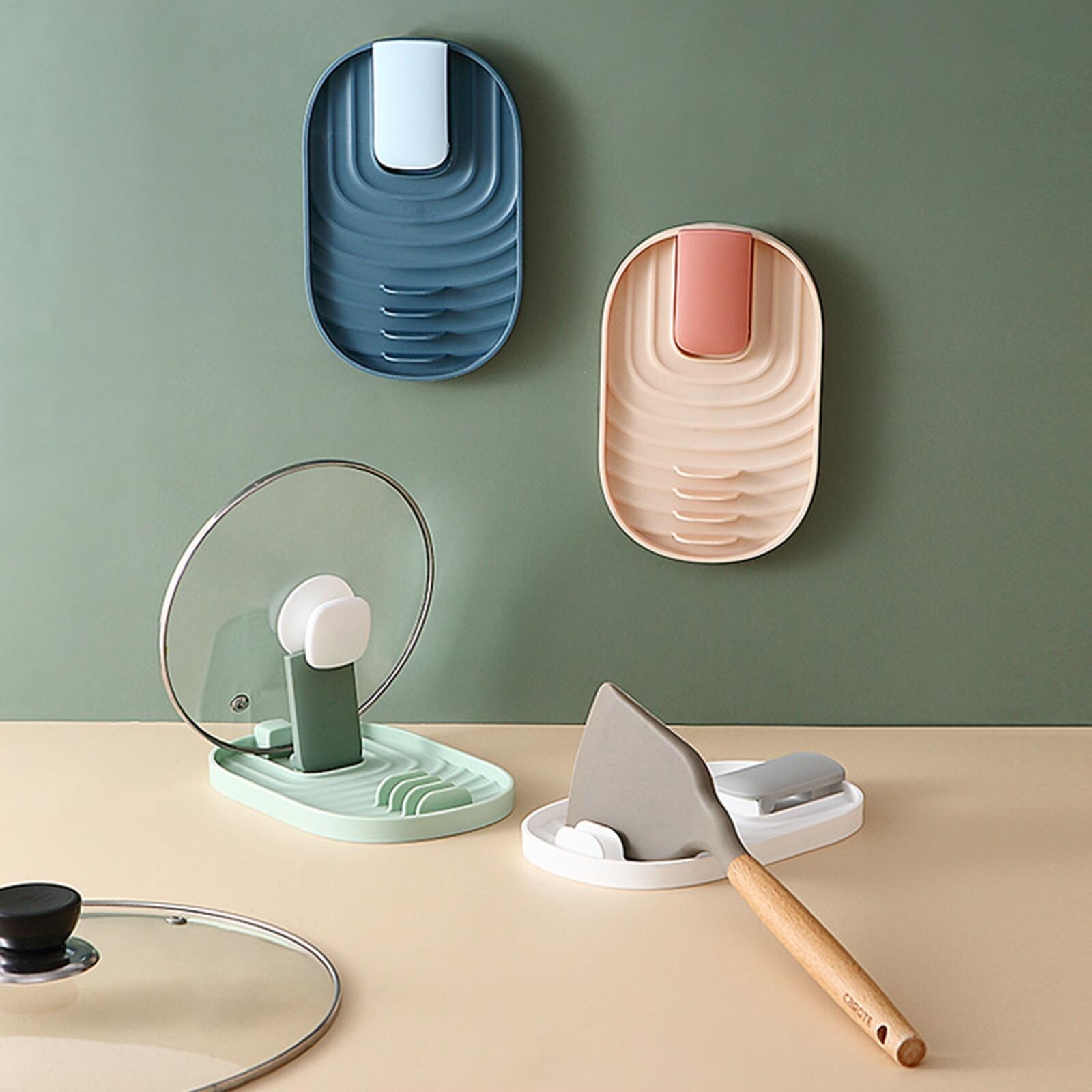 Gambar Kitchen Organizer Pot Lid Storage Rack Shelf Countertop Punch free Spoon Holder Kitchen Cooking Tools Kitchen Storage Organizer