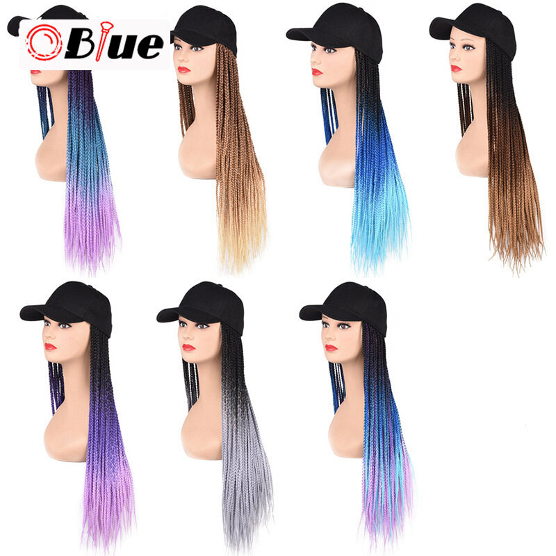 Gambar OBlue Wig Human Hair Original Hip hop Braid Long Synthetic Baseball Cap Hair Wig Natural Pink   Blue   Brown Braid Wigs Naturally Connect Hat Wig Adjustable For Women party bar Wig for Women Human Hair