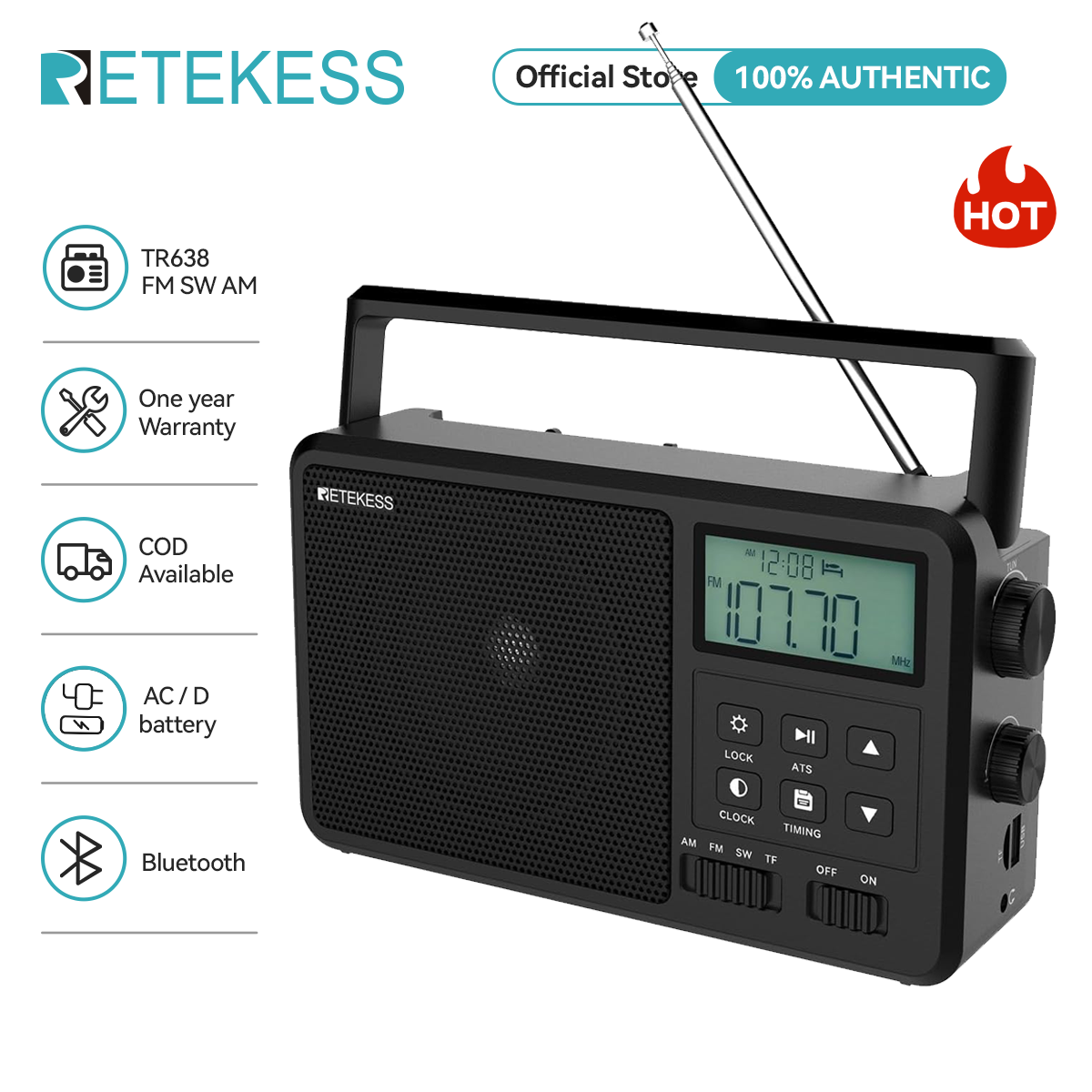 Retekess TR602 Draagbare Radio Met Bluetooth, AM FM, MP3 En Sleep Timer
