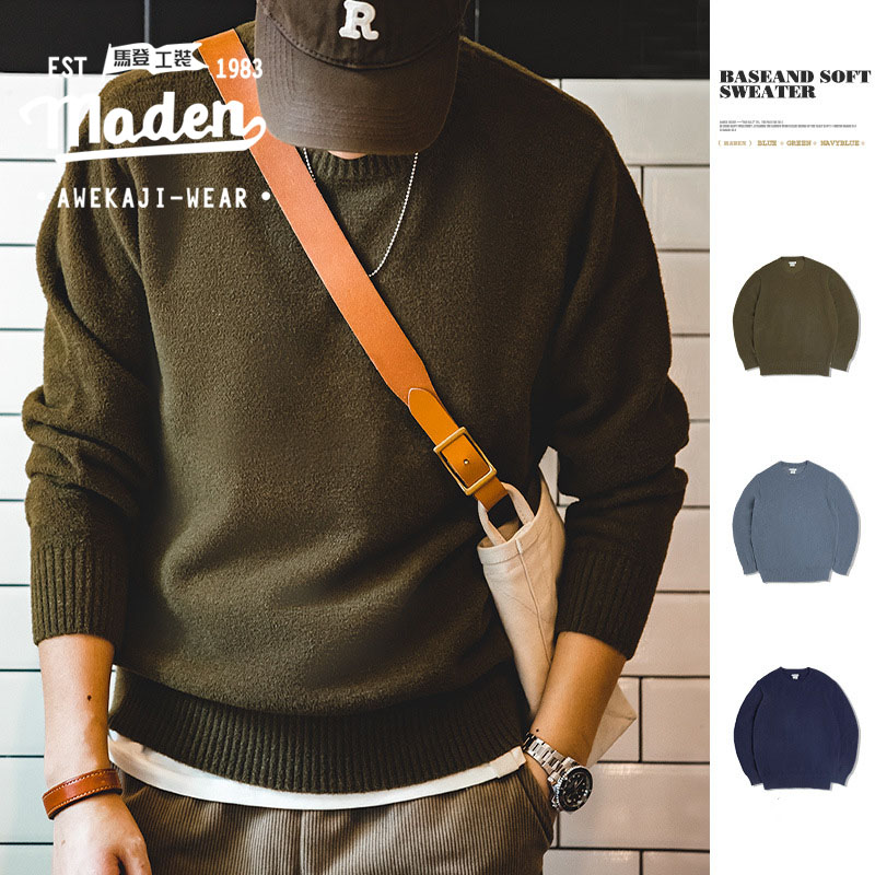 MADEN brand 2023 winter new men American casual solid color imitation mink hair round neck boy basic thickened warm pullover