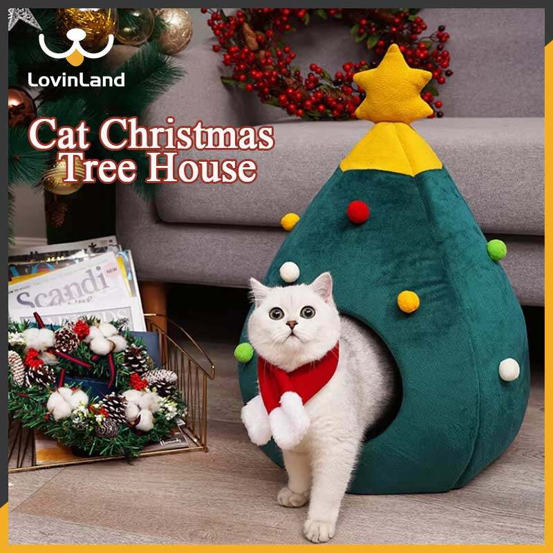 LovinlandPet Cat Christmas Tree House Warm Kitten Cave House with Removable Comfortable Round Cushion Pet Teepee Xmas Puppy Kennel in Winter Giá 333,085 Đồng*Miễn phí vận chuyển