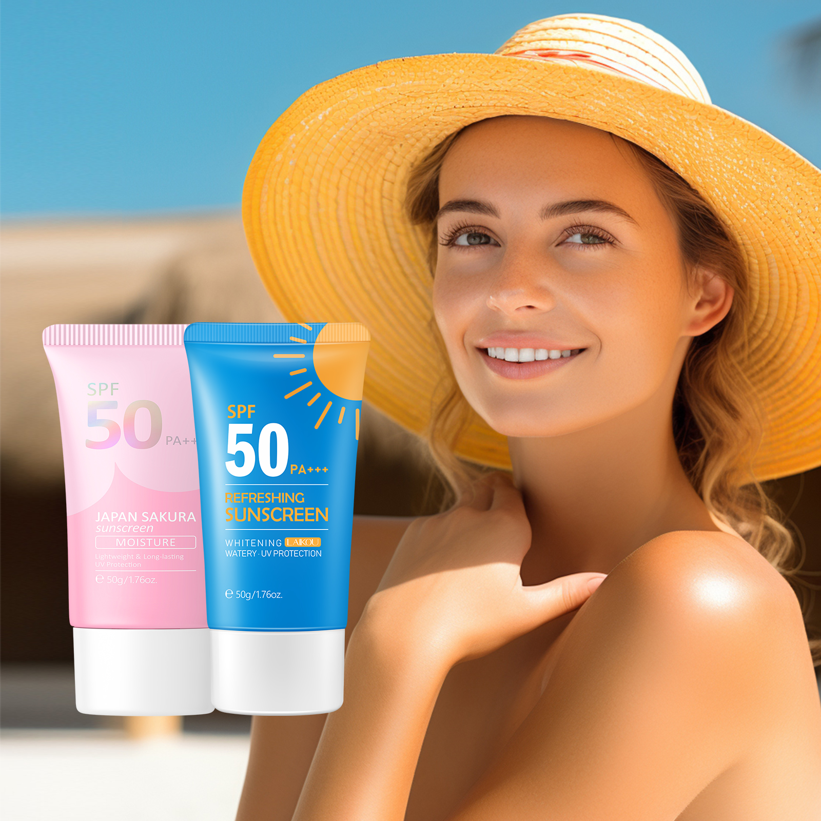 Laikou kem chống nắng làm trắng chống tia uv sakura refreshing brightening waterproof spf 50 + kem chống nắng cho mặt cơ thể