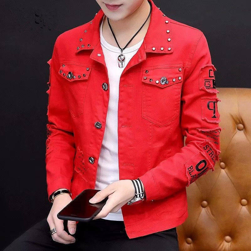 [Buy one get one free] Men’s denim jacket, fast hand red man, Gaudi God, the same jacket, student denim clothes