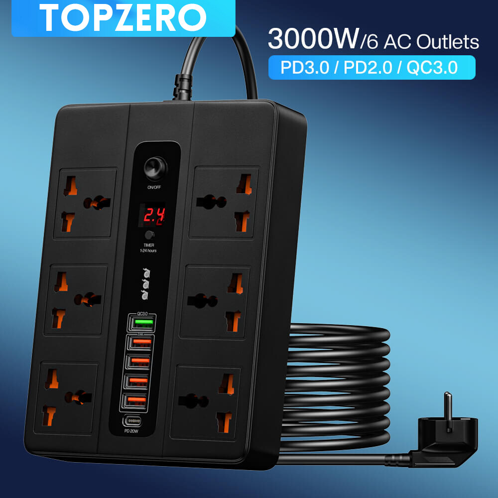 TOPZERO Bộ Bảo Vệ Chống Sét Lan Truyền 6 Đầu Ra 3000W Phích Cắm Dây Nối Dài 2 Mét Ổ Cắm Dải Điện Có Chức Năng Hiển Thị Kỹ Thuật Số Và Cổng USB PD 3.0 QC3.0 Cho Điện Thoại Thông Minh Máy Tính Bảng Gia Đình Văn Phòng Khách Sạn