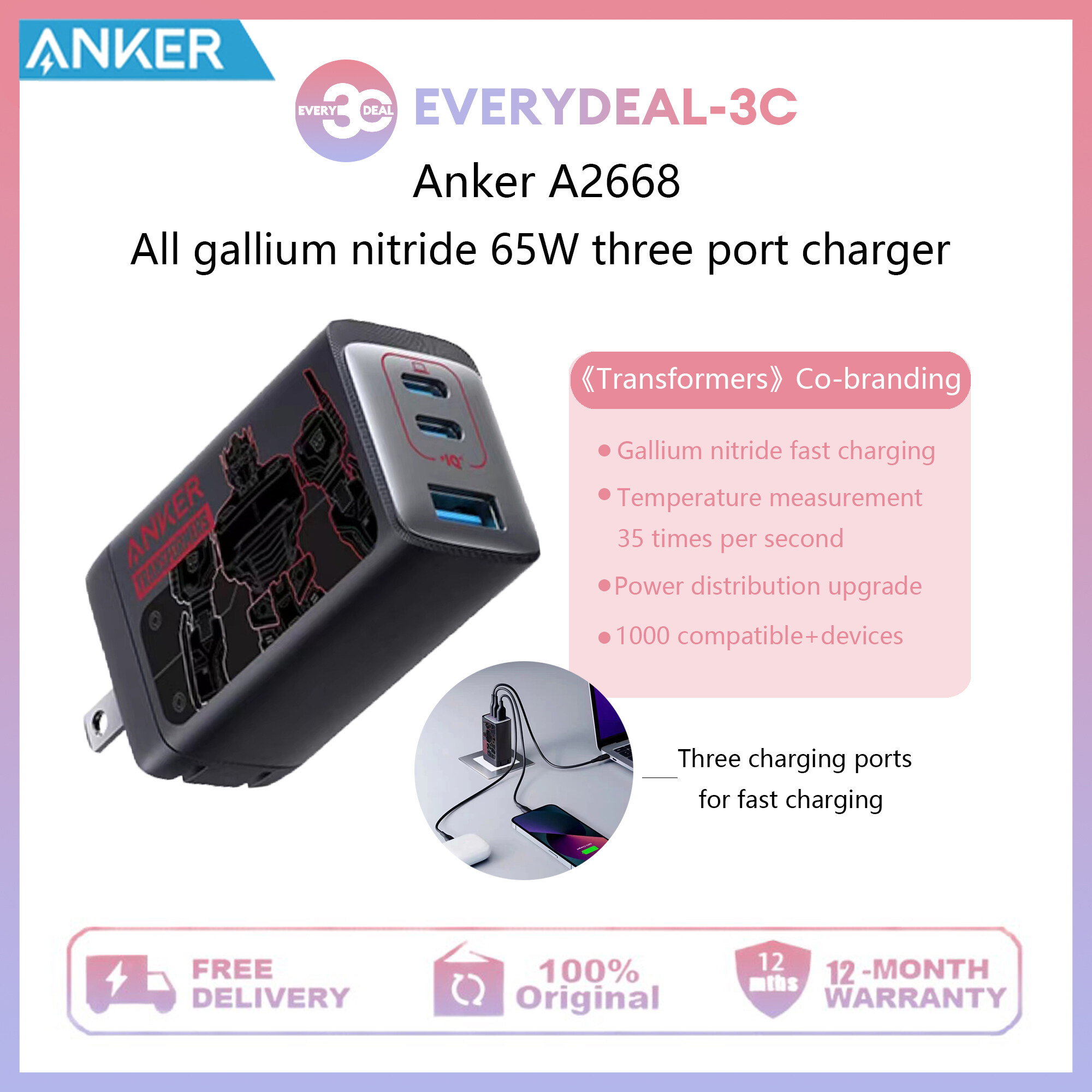 Anker USB C sạc, Anker 735 sạc ganprime 65W, 3 cổng nhanh chóng nhỏ gọn Bộ sạc tường có thể gập lại 