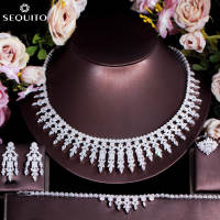 SEQUITO Super Gorgeous White Gold Plated Hand Full Inlaid Shining Cubic Zircon Stone Wheat Tassel Bridal Party Choker Necklace Set with Earrings Bracelet Ring for Women Wedding Pageant SJ238