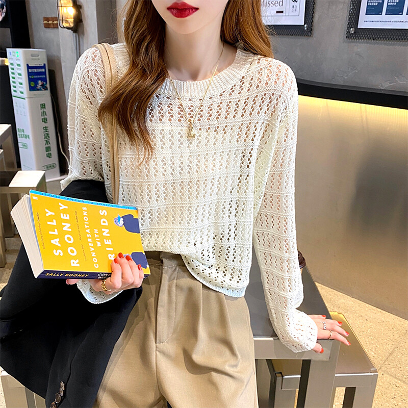Hàng dệt kim cut-out, phụ nữ lỏng lẻo và mỏng, áo len, áo lót mỏng, áo dài tay, thủy triều
