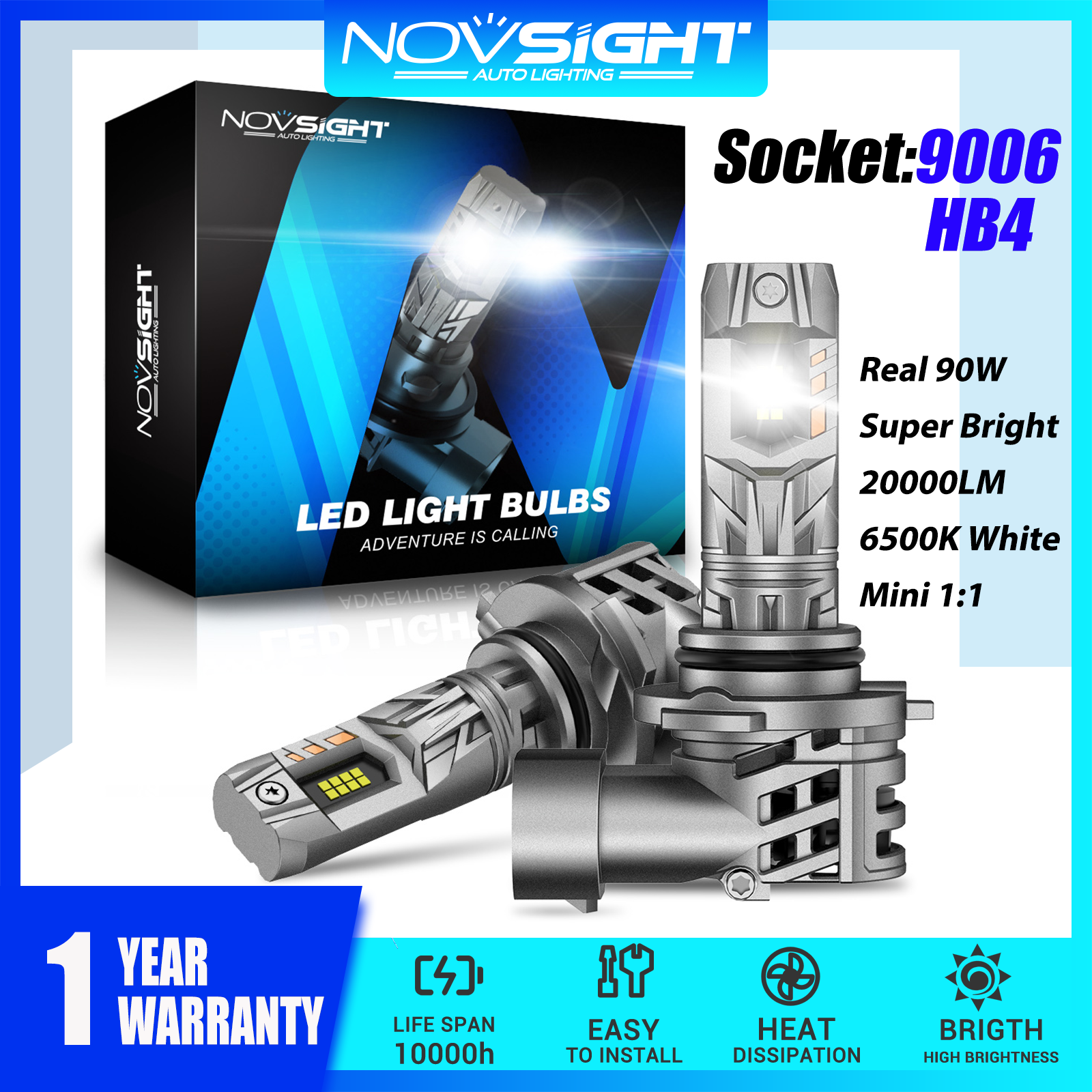Novsight N63 LED Lights for Car 9006 HB4 LED Headlight Bulb Low Beam Fog Light 90W 20000LM 6500K Super Bright Mini 1:1 Design Plug&Play 2Pcs 1 Year Warranty Free Shipping Giá 618,576 Đồng*Miễn phí vận chuyển