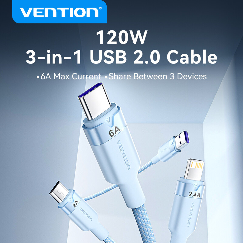 Vention Cáp 3 trong 1 USB-A to Type-C/Lightning/Micro - Sạc Nhanh 3A 60W - Truyền Dữ Liệu 480Mbps - 