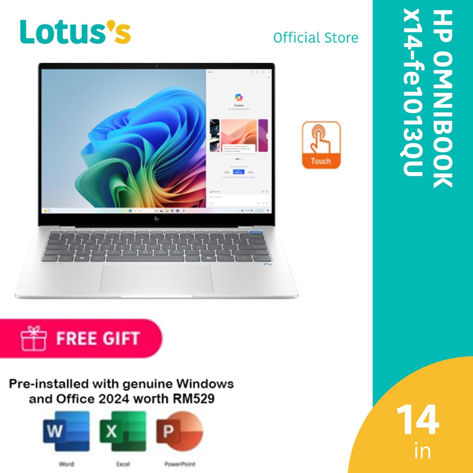 HP OmniBook X 14-fe1013QU Laptop Glacier Silver (X1P-42-100,16GB,512GB,14",W11,H&amp;S+M365)