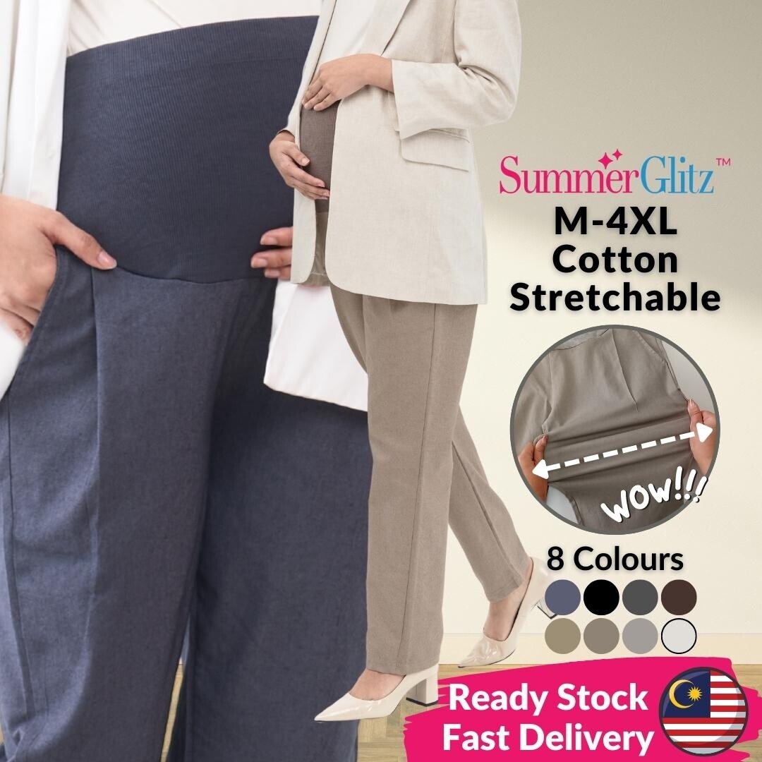 SummerGlitz Maternity One Pleat Cotton Straight Cut Stretchable Work Pants  Maternity Women I Seluar Mengandung Muslimah