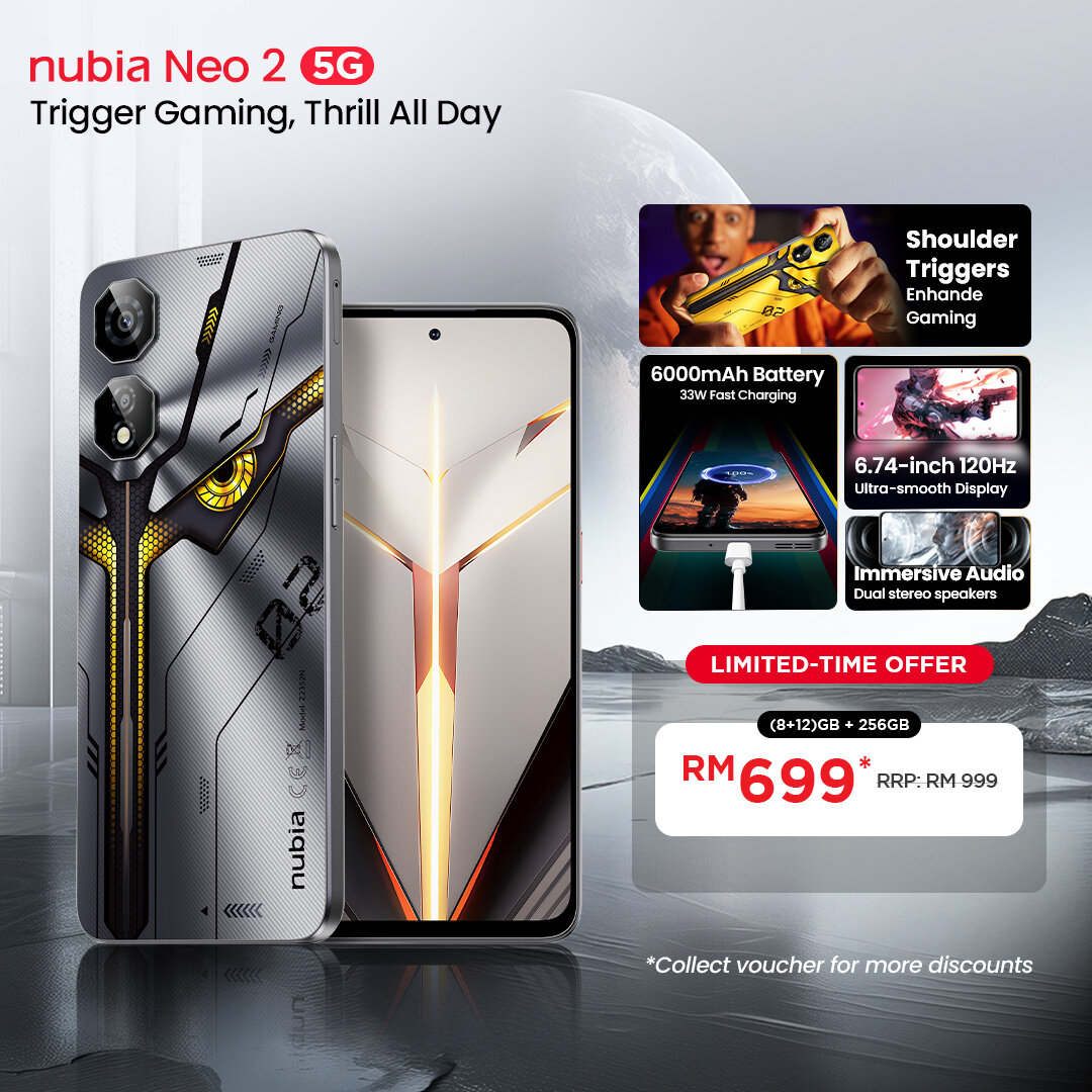 nubia Neo 2 5G Smartphone 20(8+12)GB+256GB Shoulder Trigger | 6.72" FHD+ 120Hz Display | 6000mAh Harga 1,299 Ringgit*Penghantaran Percuma