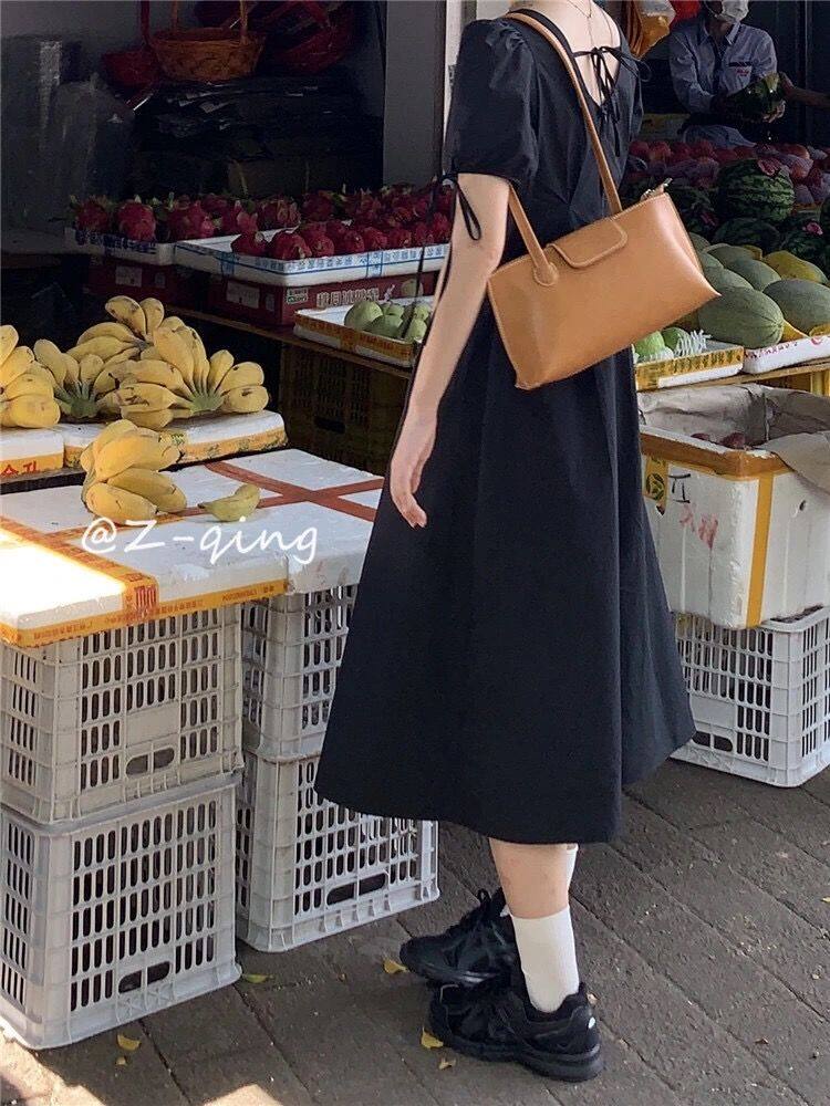 French style square collar puff sleeve dress design niche temperament slim fit gentle first love backless white fairy skirt