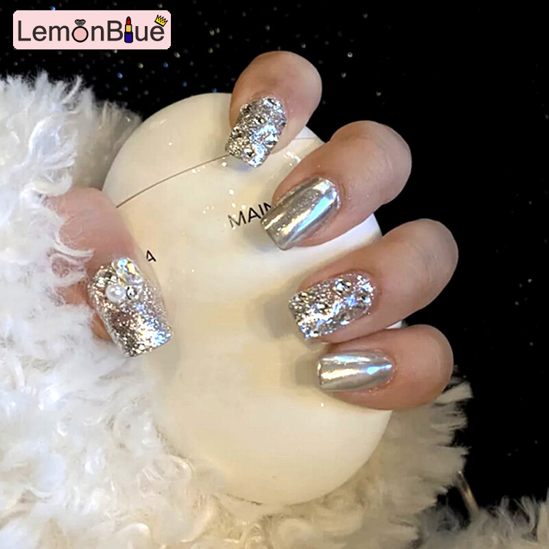 Gambar LemonBlue Short Fake Nails Mirror Flash Silver Diamond Wearing Nail Sticker Finished Nail Sheet 24 Pcs With Glue