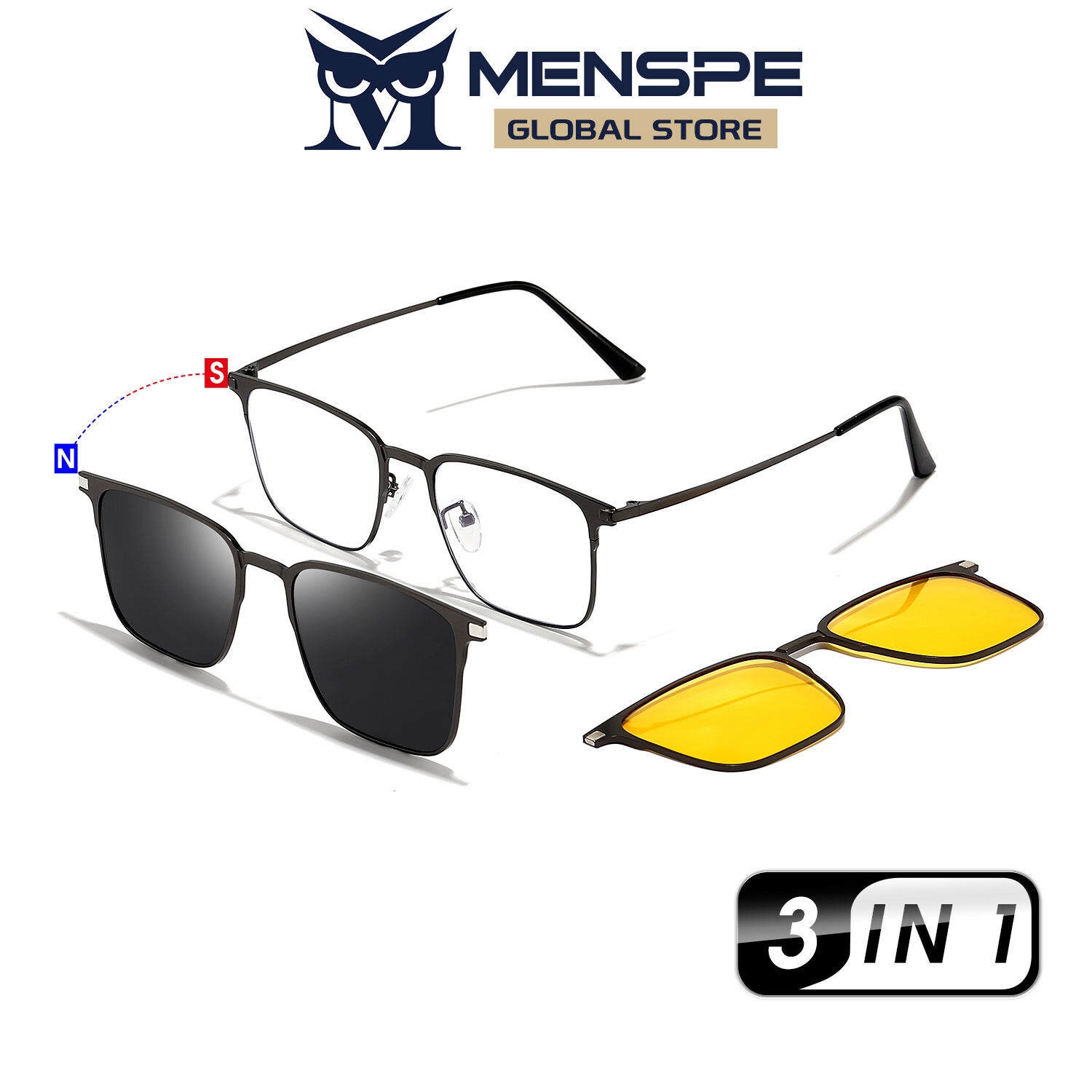 Menspe 3 trong 1 kính mát Kính mát phân cực cho nam từ Kính râm nhìn trong đêm kính khung kính 3 ống kính Unisex Chống UV Kính mắt thời trang