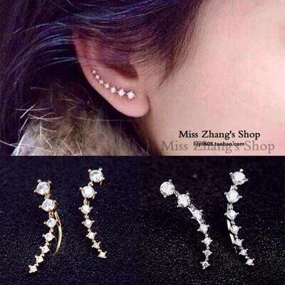 Trang sức bông tai zircon, một hàng 7 viên kim cương dát với kim cương giả, ngôi sao, hoa tai bảy viên kim cương