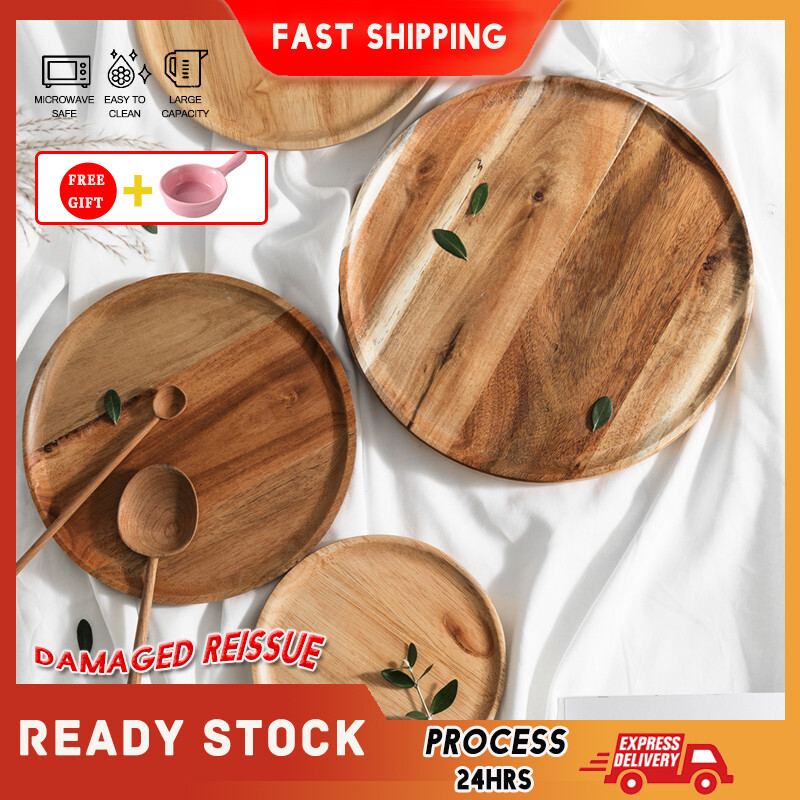 Gambar Japanese Oak Acacia Wood Bread Round Tray Domestic Simple Solid Tea Tray Dinner Fruit Dessert Wood Plate