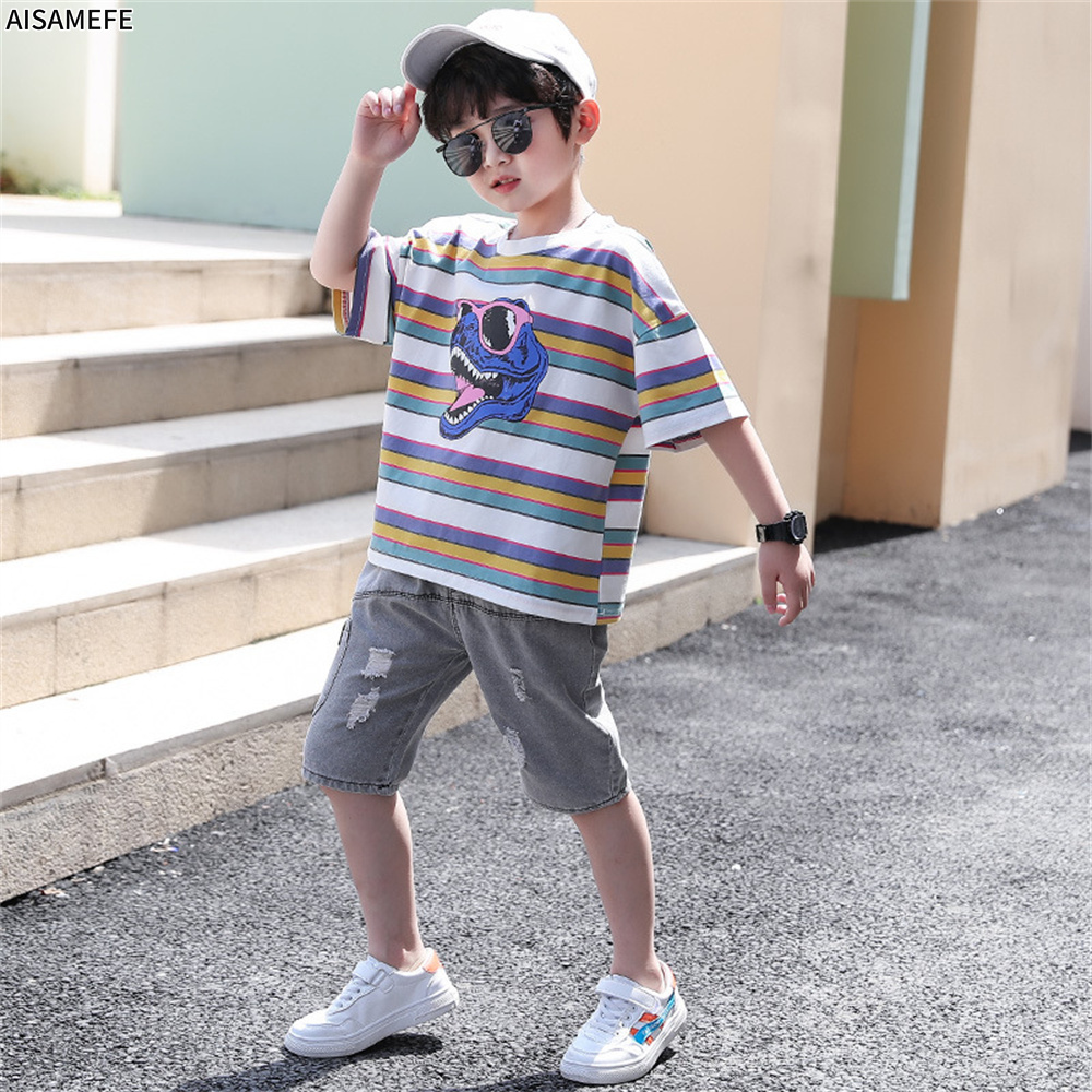 AISAMEFE Children Boys Summer Children Clothing Set 2022 Short-Sleeved Handsome Striped Korean Version Two-Piece Trend ราคา 508 บาท*ส่งฟรี