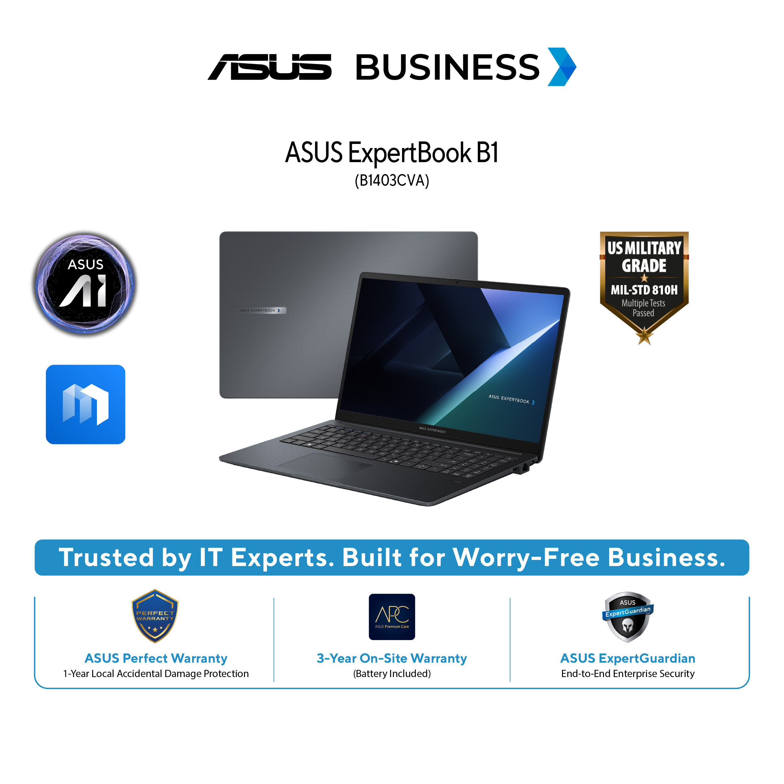 ASUS ExpertBook B1 (B1403CVA-S63728X) | Intel® Core™ 7 Processor 150U | 16GB | 512GB | 14" FHD | Best work laptop | 3-Year On-Site Warranty