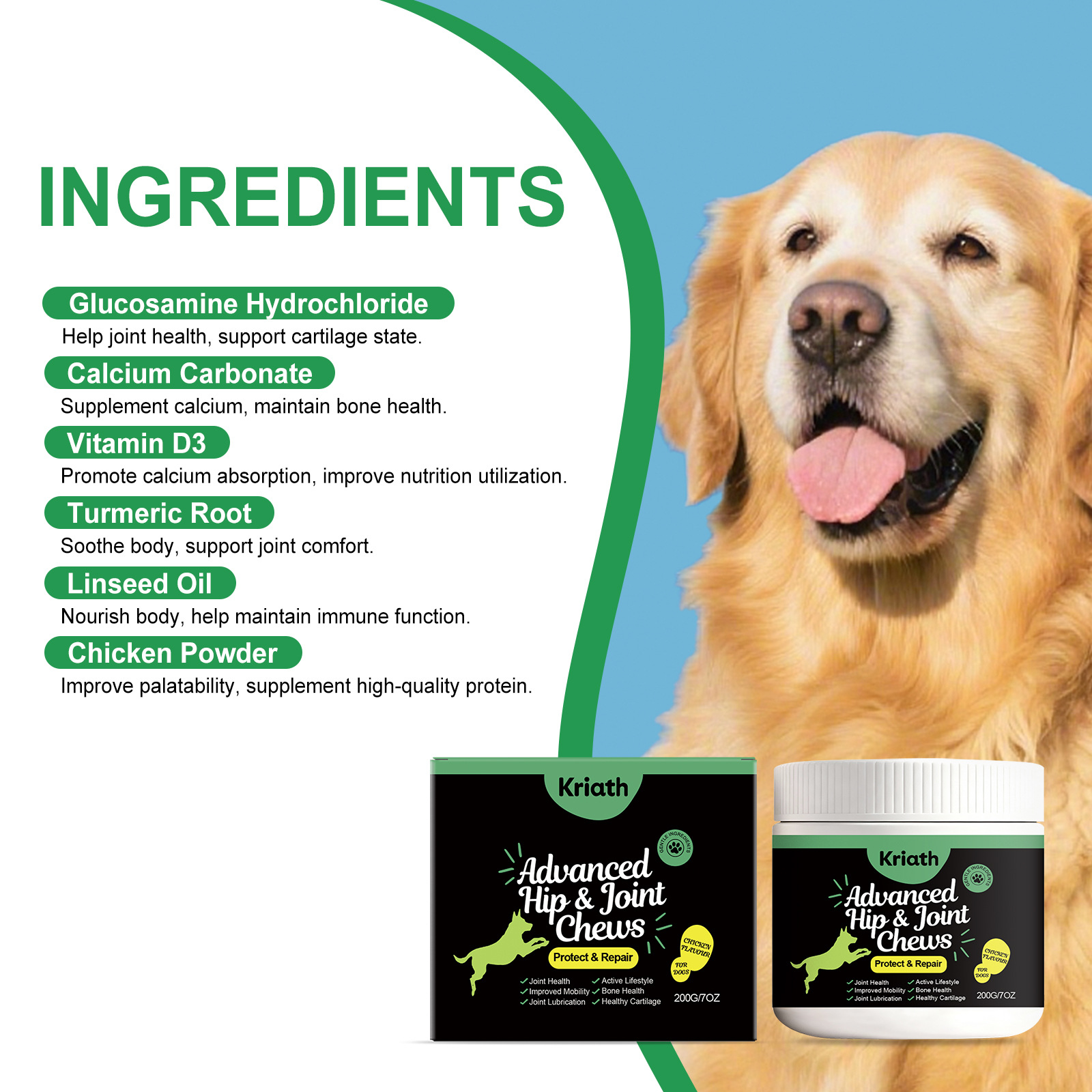 Kriath Pet hip & khớp bổ sung nhai | cải thiện tính di động & sức khỏe xương | bôi trơn khớp cho vật nuôi cao cấp & hoạt động (200g)
