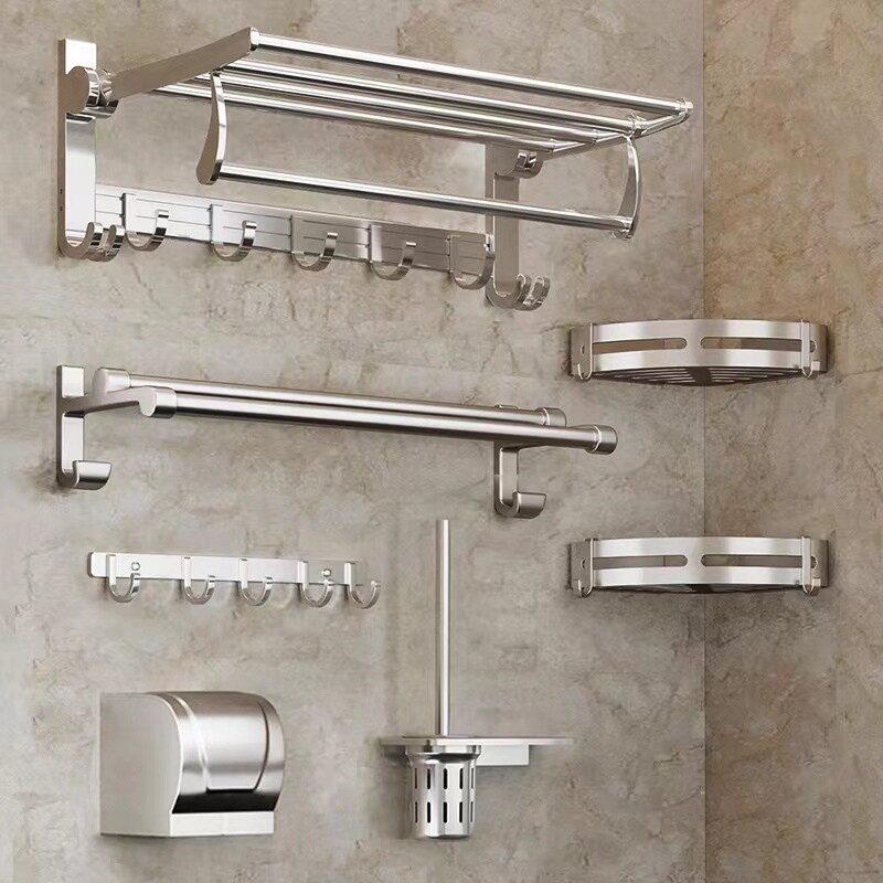 Gambar Towel rack shelf from punching bathroom toilet space aluminum bath towel rack light luxury bathroom hardware pendant suits