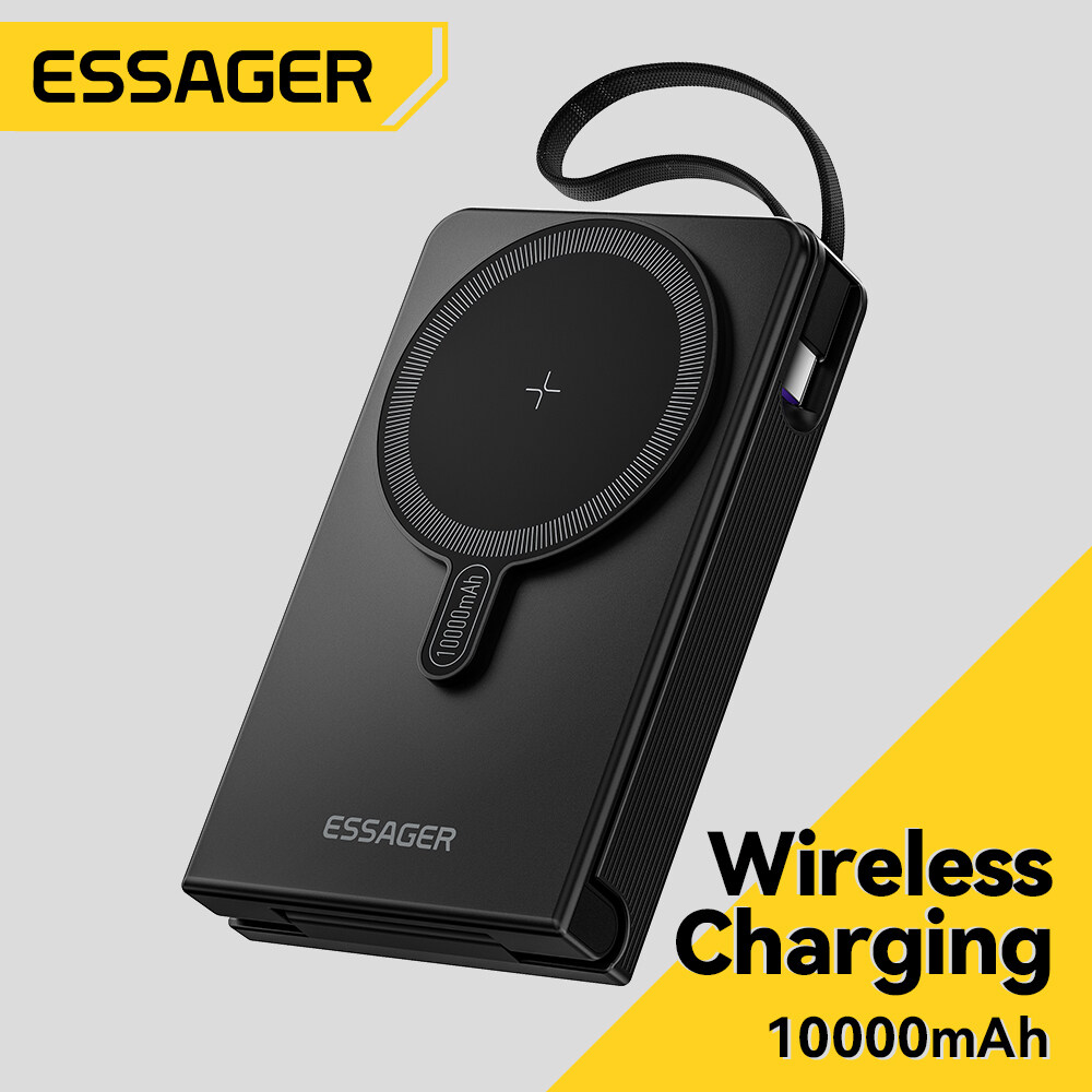 Essager 15W 10000MAh sạc không dây sạc dự phòng S Được Xây Dựng Trong Type-C Cáp Sạc Nhanh Có Thể Gập Lại Màn hình hiển thị kỹ thuật số Đồng Hồ sạc không dây sạc dự phòng S Cho Loại C Pd20W Iphone16 15-12 Xiaomi Huawei Samsung Iwatch Airpods sạc nhanh khô