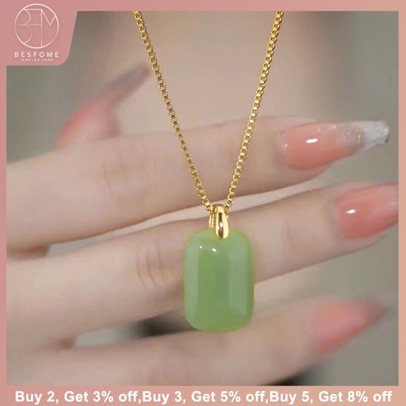 BESFOME 24K Gold Plating Titanium Steel Green Jade Square Necklace Stainless Steel Natural Jade Pendant Necklaces