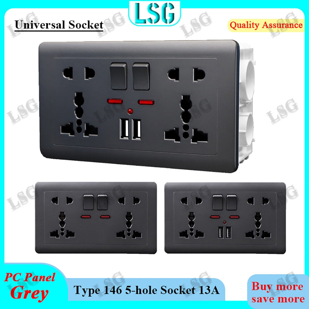 LSG Ổ cắm điện treo tường với cổng USB 2.1A sạc nhanh, Ổ cắm ổ cắm cho tường với chuyển đổi, 146 loại đôi 5 lỗ ổ cắm xám đậm Bảng điều khiển PC 13A 250V, ổ cắm phổ thông ổ cắm cho nhà điện điểm