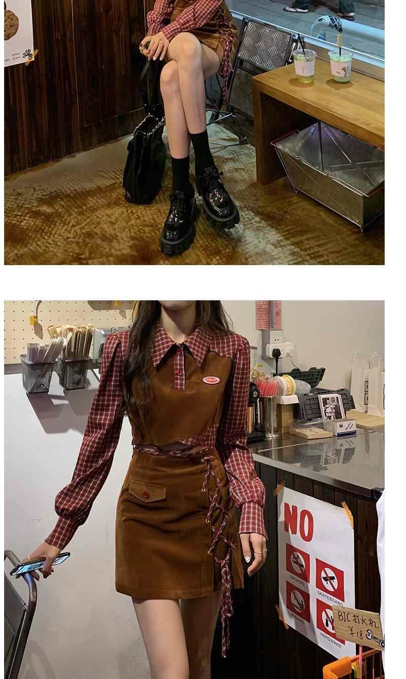 Niche design stitching plaid top hot girl tied top short skirt two-piece set 2021 New fall women's clothing