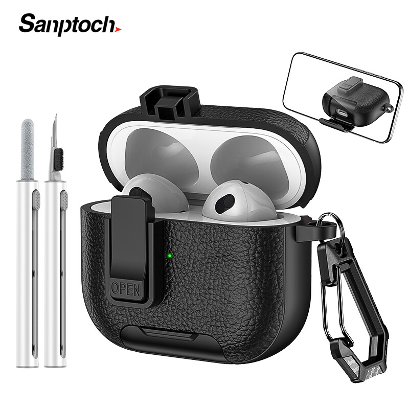 Sanptoch Compatible with AirPods 4th / Pro2 / 3rd Gen Leather Case For Automatic Lock with Phone Stand & Cleaning Kit For Airpods Pro / 2 / 1 Military Shockproof Full Cover with Lanyard ราคา 103 บาท*ส่งฟรี
