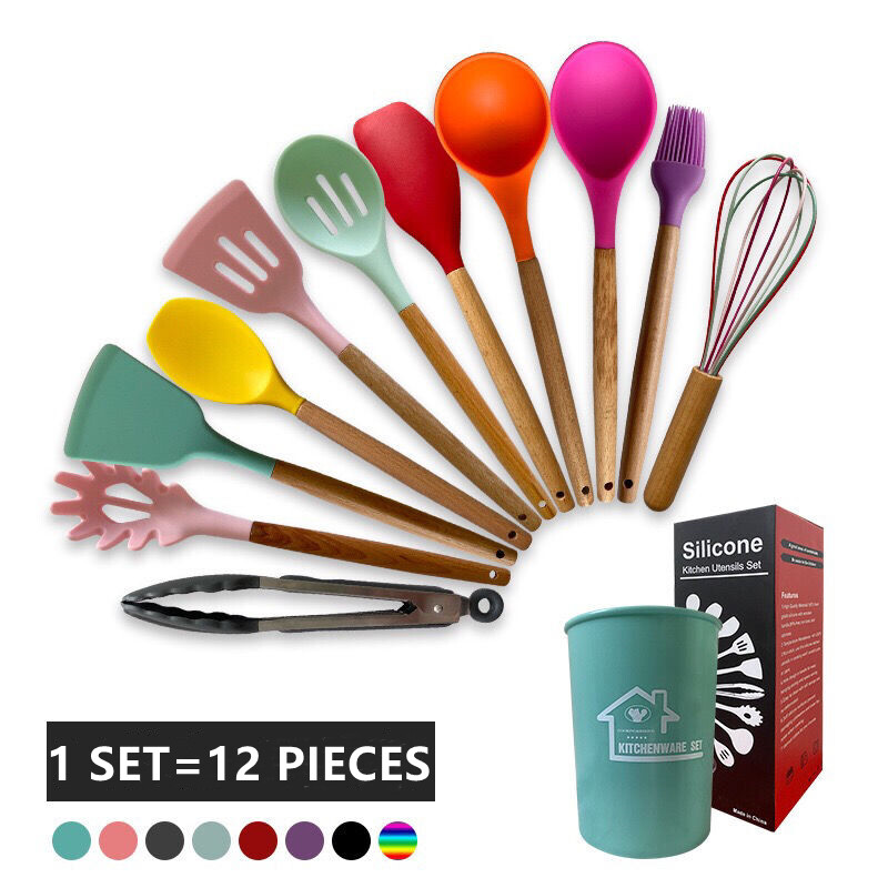 Gambar 12 Pcs Wooden + Silicone Kitchen Utensils   Cooking Tools Set Kitchen Cooking Tools Stand Kitchenware Spatula Silicone Kitchen Utensils Set With Wooden Like Handles Heat Resistant  30 to 230 C.