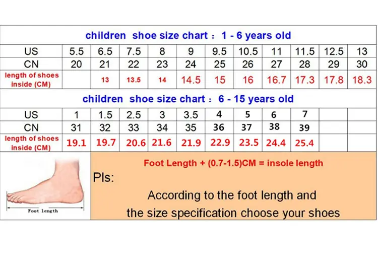 shoe size for 7 years old girl