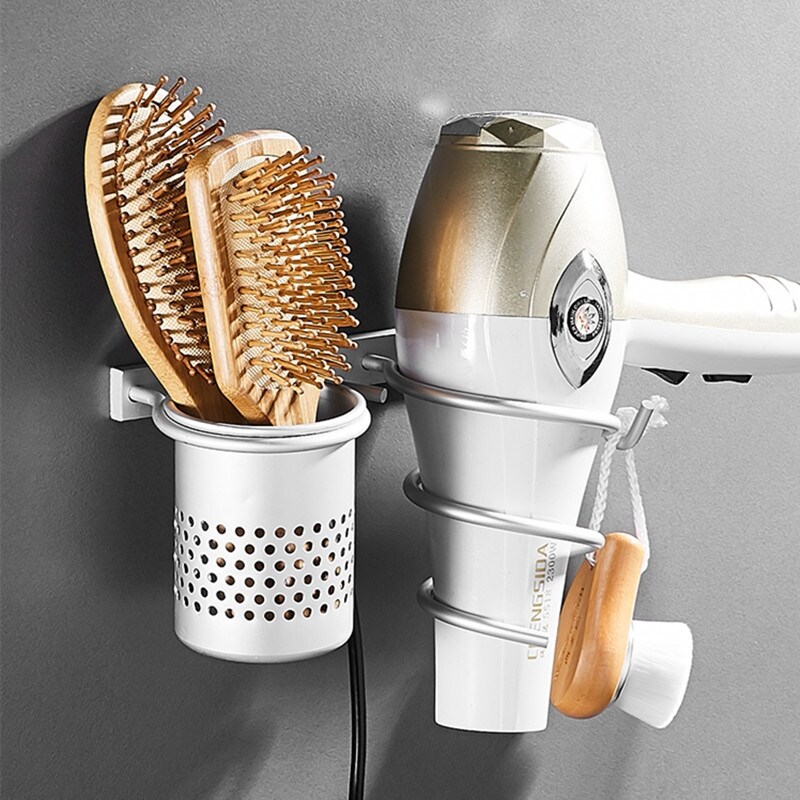 Gambar Gold Hair Dryer Holder Space Aluminium Bathroom Wall Shelf Hair Dryer Rack with Basket bathroom shelves Bathroom Accessories