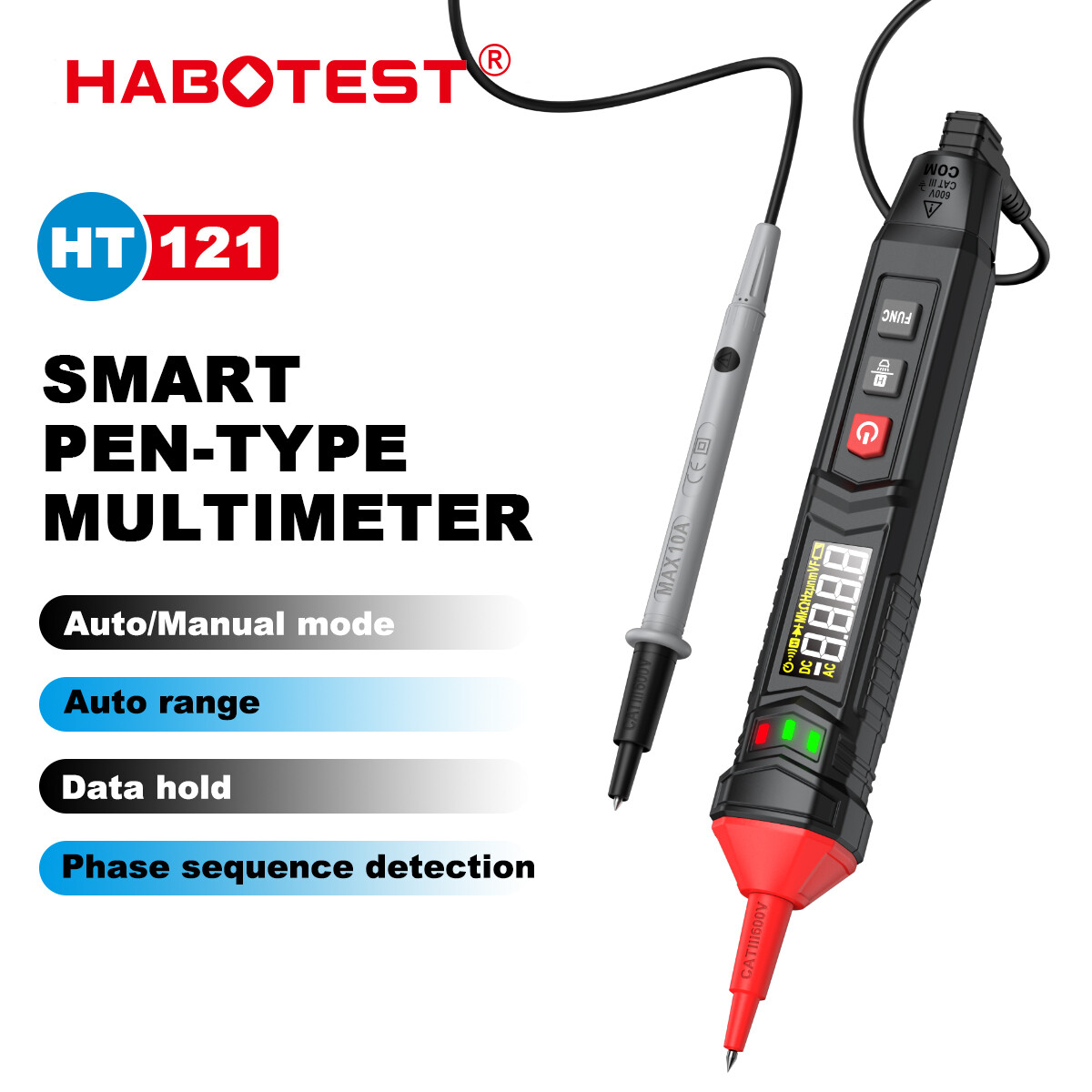 Habotest ht121 pen type digital multimeters 600v dc/ac voltage tester true rms 4000 counts voltmeter ncv live wire & phase sequence detection