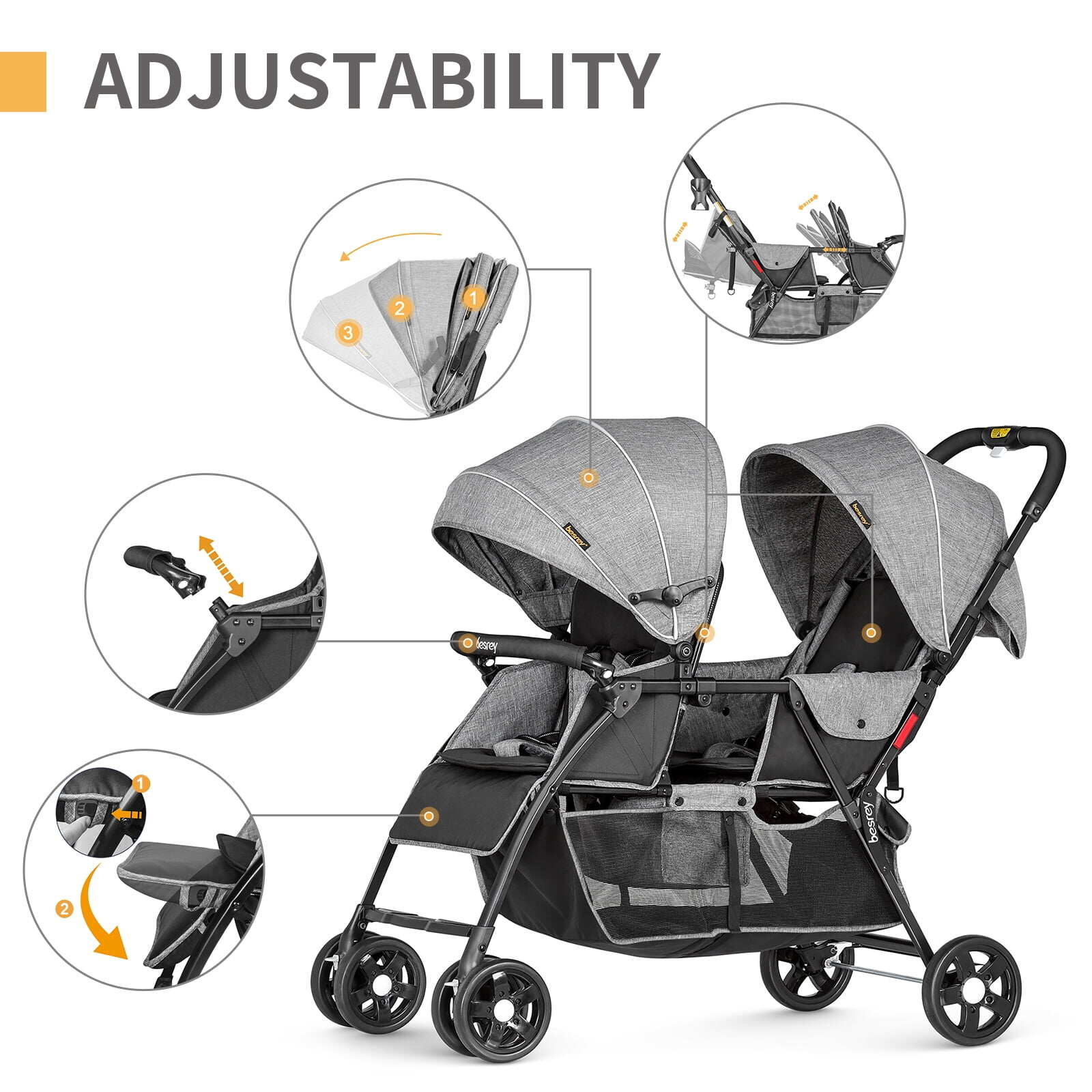 Besrey Double Stroller Ultra Lightweight In line Stroller One Hand Folding Tandem Stroller for Twins Newborns Toddlers Travel Double Stroller with Rain Cover Multi Position Recline 5 Point Safety Harn...