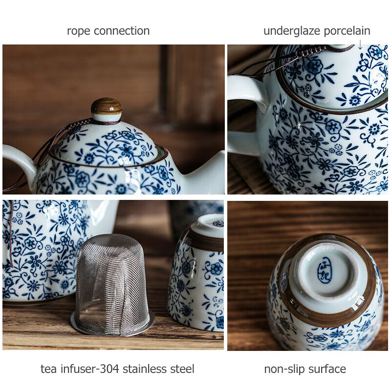 Gambar Set of Floral Teaware Underglazed Blue Ceramic Tea Kettle kungfu Tea Kettle Tea Cup with Infuser Best Gift (4 teacups + 1 pot)