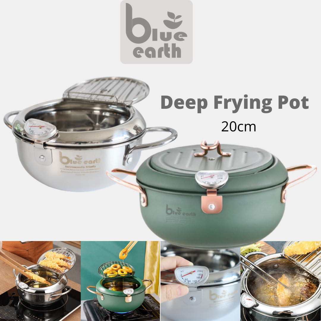 Gambar Blue Earth 304 Stainless Steel Cookware Cooking Pot Deep Fryer Deep Frying Pot with a Thermometer and Lid Oil Pot frying pot deep cookware cooking pot