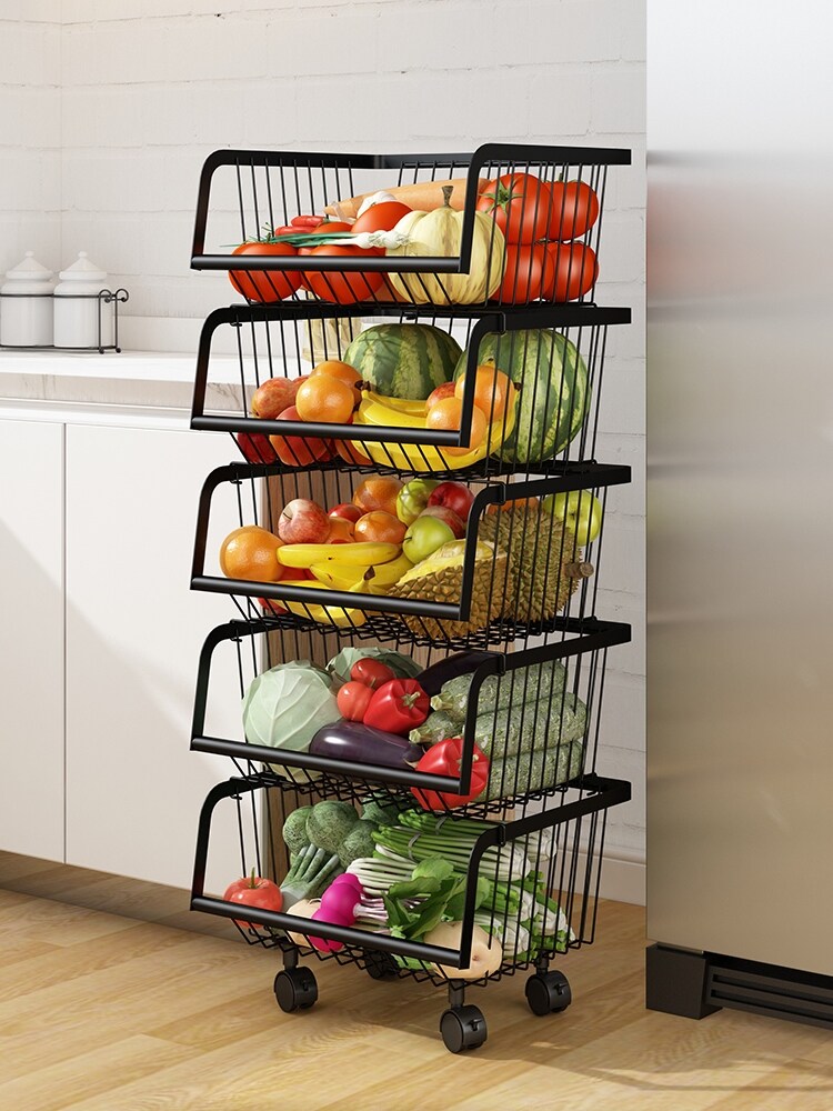 Gambar Kitchen shelf household land multilayer receive frame put food vegetable basket of fruit to receive basket trolley