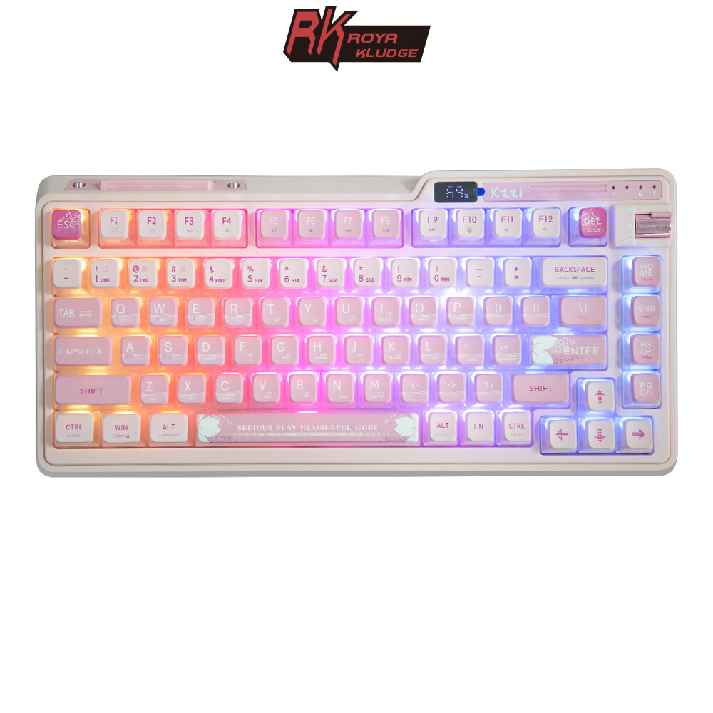  RK kzzi K75 Pro + tri-chế độ Bluetooth 5.0 2.4G có dây Bàn phím cơ không dây hot swappable tùy chỉnh Bàn phím chơi game với LED hiển thị điện & núm Sakura màu hồng 