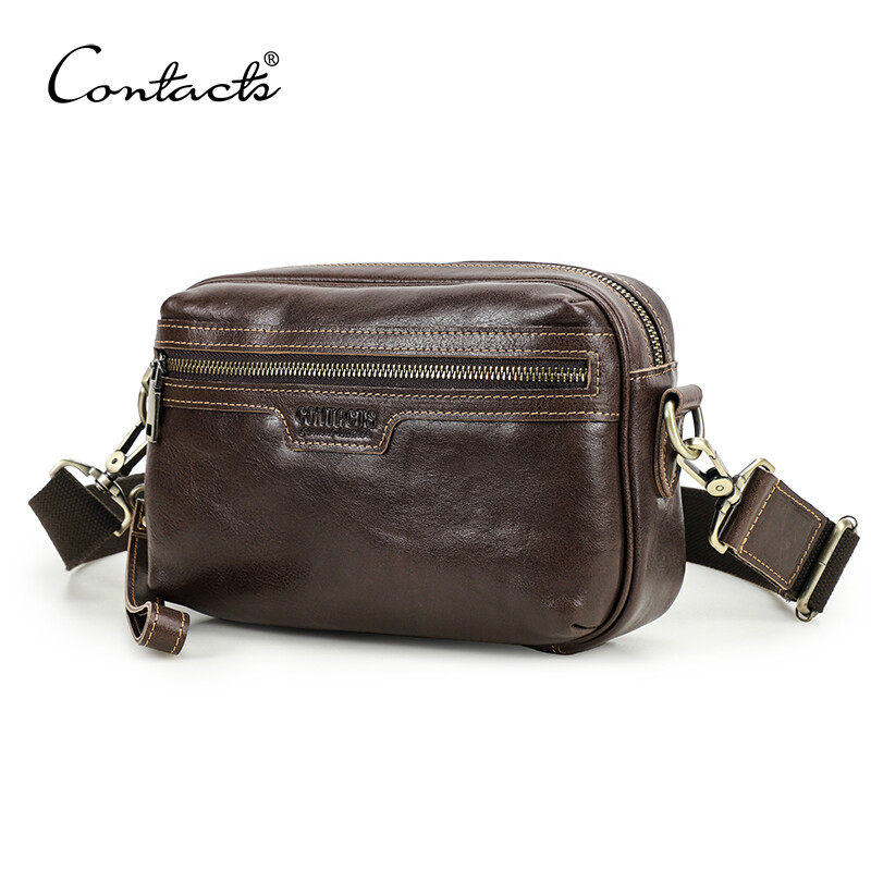 CONTACT'S Men Genuine Leather Shoulder Bags High Quality Retro Male Sling Bags Messenger Crossbody Bags Clutch Wallets for iPad Mini ราคา 1,281 บาท*ส่งฟรี