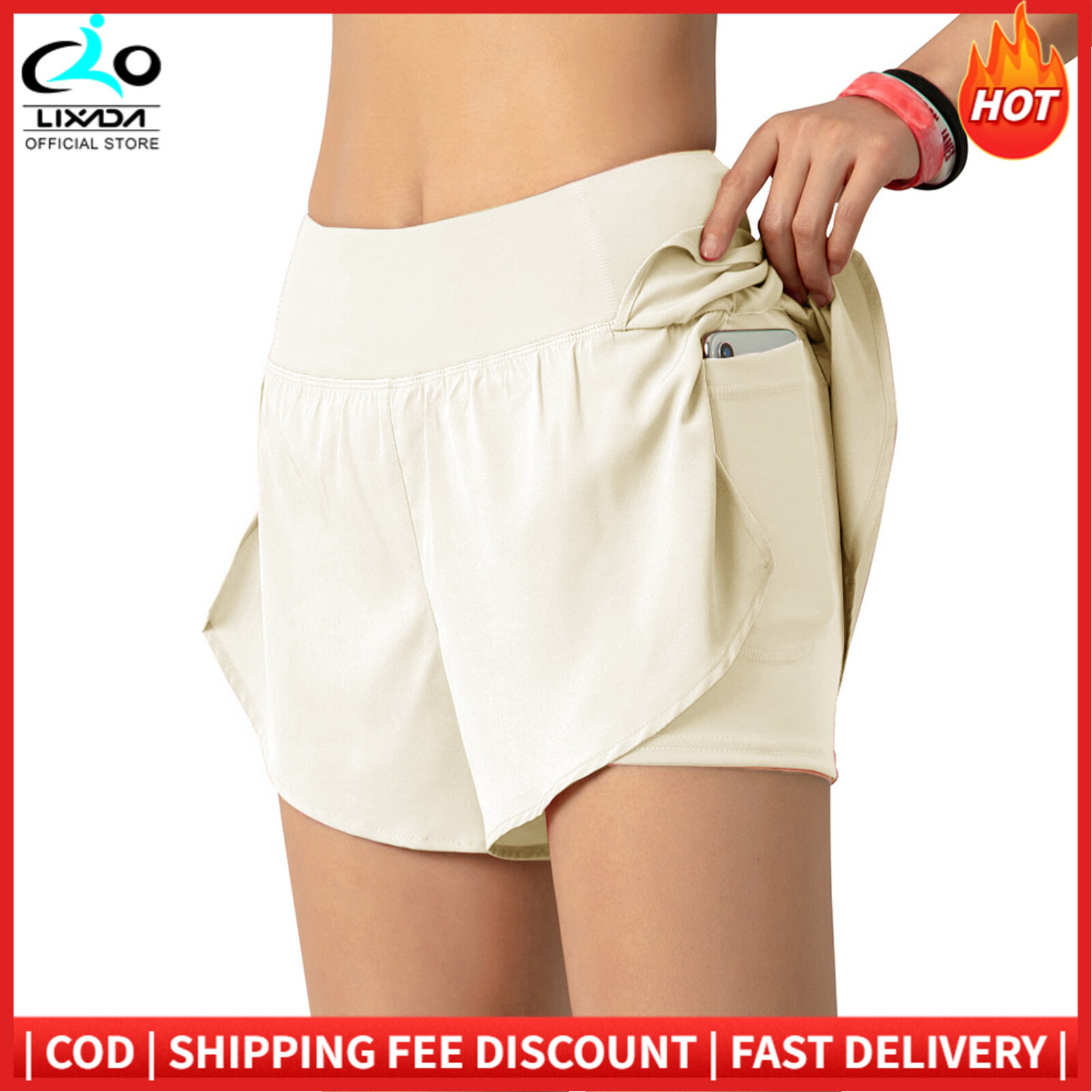 Women Running Shorts 2-in-1 with Pocket Wide Waistband Coverage Layer
