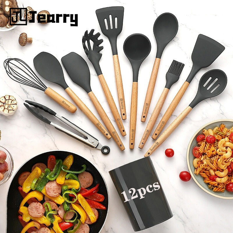 Gambar Jearry Wooden Handle Cookware 12Pcs Set Heat Resistant Food Grade Silicone Kitchen Utensils