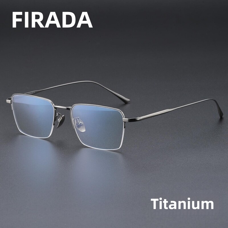 FIRADA Fashion Comfortable Glasses Retro Square Pure Titanium Eyewear Half Frame Prescription Eyeglasses Frame For Men 2136-C ราคา 363 บาท*ส่งฟรี