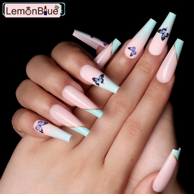 Gambar LemonBlue 24pcs Print Fake Nail Patch Glue Type Gradient Color Removable Long Paragraph Fashion Manicure Nail Patch
