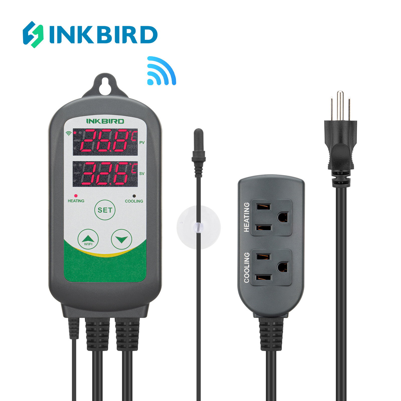 Inkbird Pre-wired Digital 2.4G WIFI Temperature Controller Thermostat ITC-308 Remote Control Dual Outlet Heating / Cooling 2-stage, 2200w, 220V US Plug , Rubber Waterproof w/Sensor for Aquarium Fish Tank ราคา 1,552 บาท*ส่งฟรี