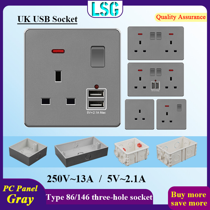 Lsg kết hợp ổ cắm có hộp nối lắp đặt /hộp đế âm tường uk ổ cắm điện loại 13a gắn tường tiêu chuẩn ổ cắm loại 86/146 ổ cắm điều khiển công tắc cổng usb 5v-2.1a 3 lỗ kép. ổ cắm gắn tường usb sạc ac/dc bộ chuyển đổi nguồn ổ cắm gắn tường anh quốc màu xám