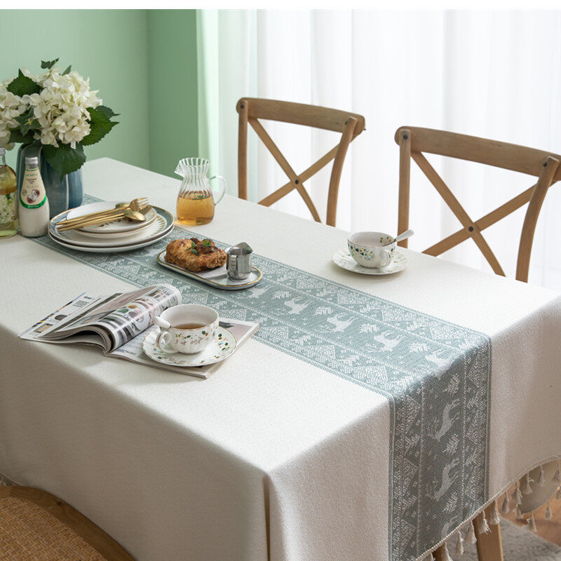 Gambar ?? Ready Stock?? New Nordic Geometric Wave Pattern Embroidered Tablecloth Square Tablecloth Cover Towel