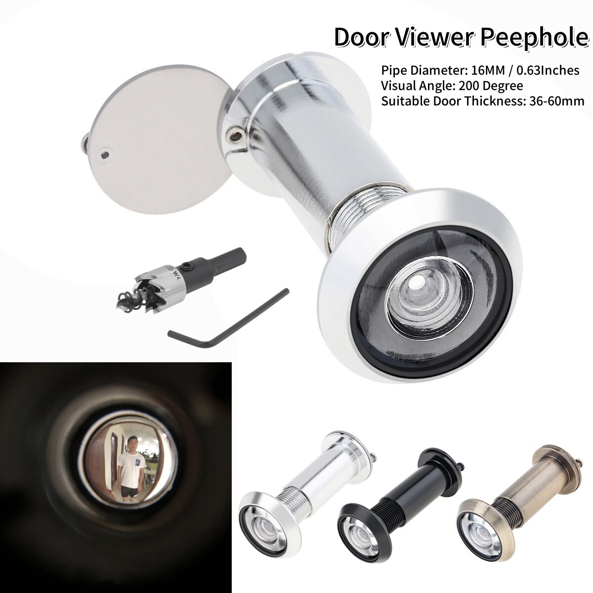 Door Viewer With Privacy Cover Peephole Viewer, 14mm Diameter 35-50mm Length Security Spy Hole, Door Peephole For Home Office Hotel (Silver - View #7