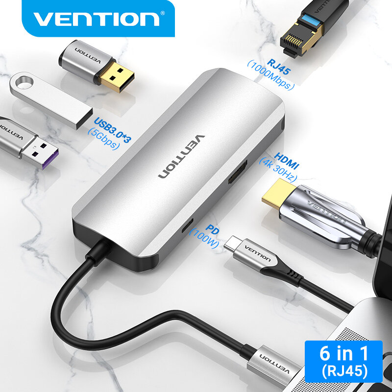 Vention Dock Chuyển Đổi Type-C 5 in 1 sang HDMI & 3 Cổng USB 3.0 - Hỗ Trợ Sạc PD Nhanh - Thiết Kế Ki