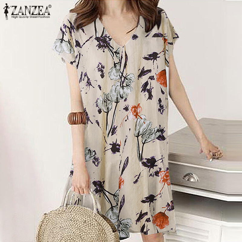 sachin and babi light blue dress ZANZEA Womens Summer V Neck Floral Printed A-Line Casual Loose Ruffle Mini  Dress